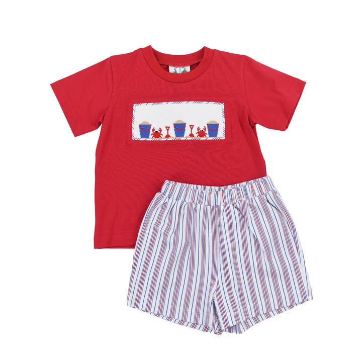 Ensemble short garçon à smocks avec crabe et rayures rouges pour la vente par Southern Taters