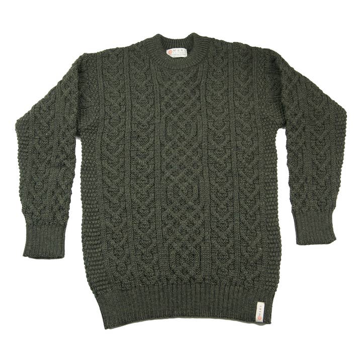 Britse wollen aran kabeltrui - mosgroen voor wholesale door Mars Knitwear