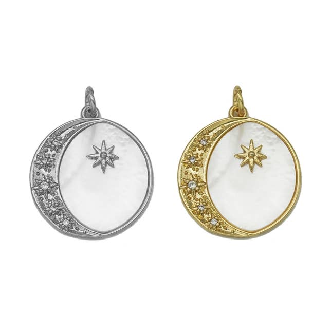 Luna Crescente Oro CZ Stella Polare su Ciondolo Rotondo MOP, Codice Articolo#Z1459 per la vendita all'ingrosso da parte di BestBeads&Beyond