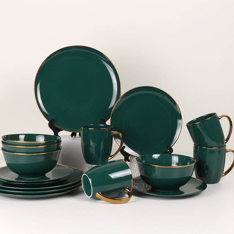 koken - Vendita all'ingrosso Servizio da tavola - KOKEN - Set di stoviglie da 16 pezzi (servizio per 4) in porcellana fine, set di stoviglie cinesi, piatti, ciotole, set di piatti per 4 persone, set di piatti, tazze, ciotole, adatto al microonde, bordo nero dorato6