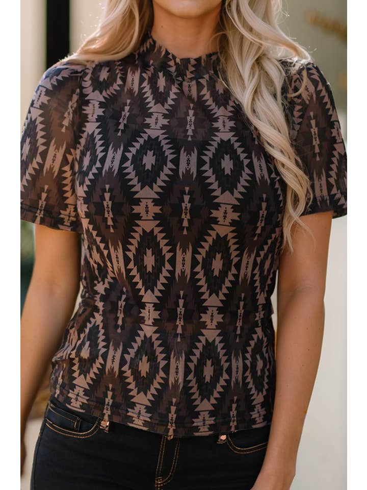Brown LDC Western Print Mock Neck Short Sleeve Mesh T Shirt for wholesale on Faire