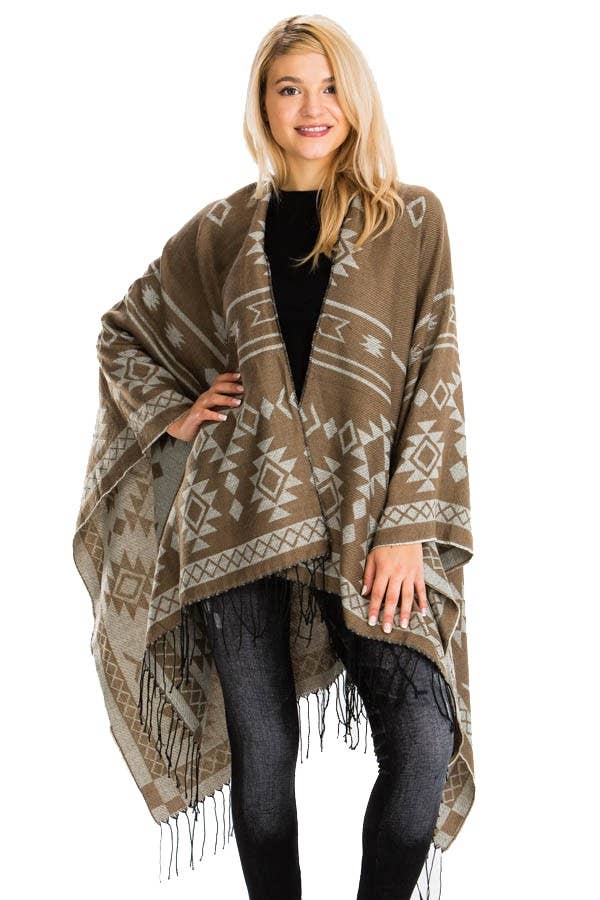 Cap Zone – Poncho - Mulher por atacado – Poncho ocidental reversível com padrão geométrico asteca8
