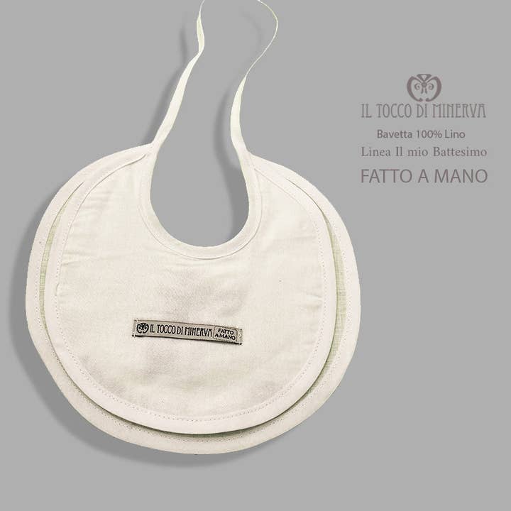 White linen baby bib My Baptism Line - Handmade for wholesale by Il Tocco di Minerva