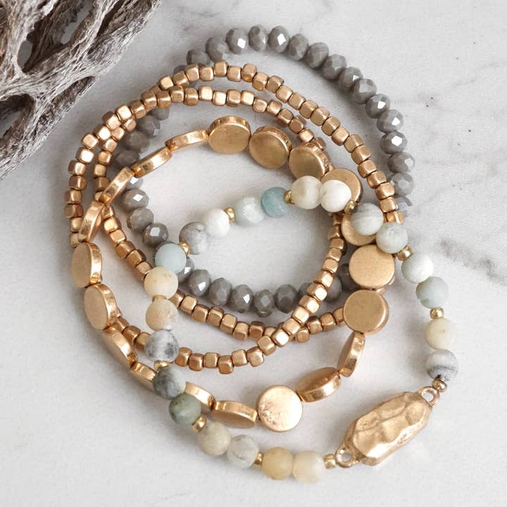 PennyLine inc - Wholesale Jewelry Set - 5 piece Boho Beaded Bracelets Stack Semi Precious Metal Glas