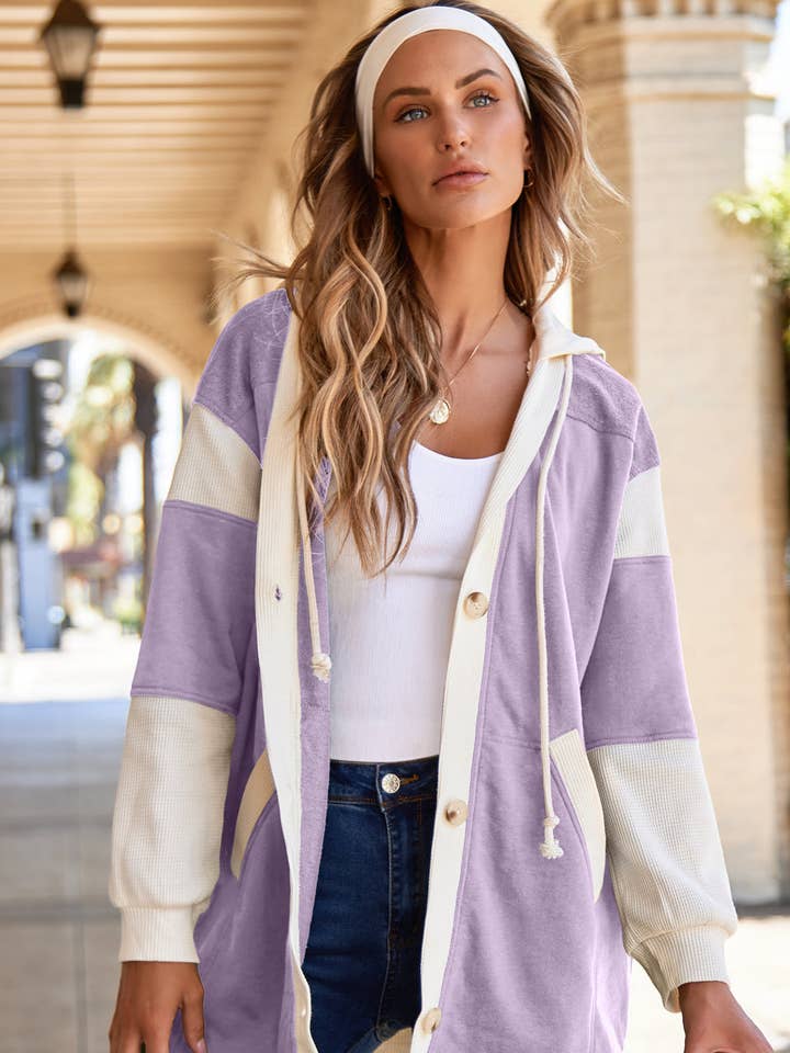 PRETTY BASH - Wholesale Hoodie - Women's - Waffle Knit Colorblock Patchwork Buttoned Hoodie0