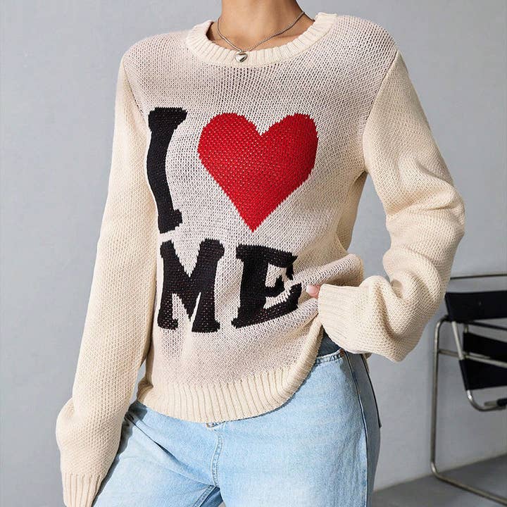 Heart Pattern Acrylic Sweater Casual Loose Pullover for wholesale by SALINA TRADING INC