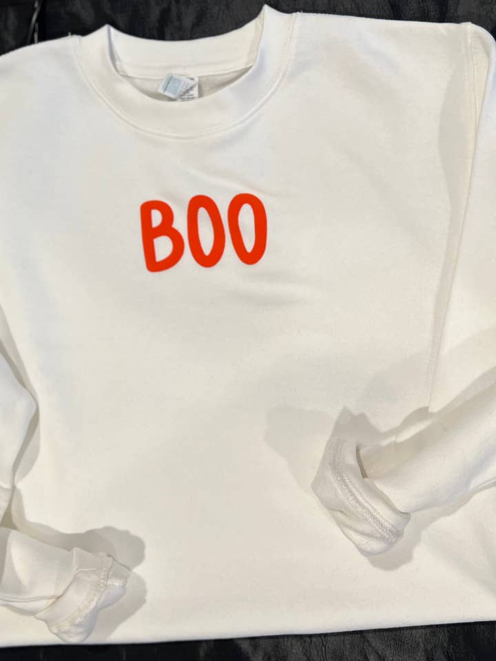 Halloween Boo White Crew Neck Sweatshirt for wholesale by Lily Rose Designs