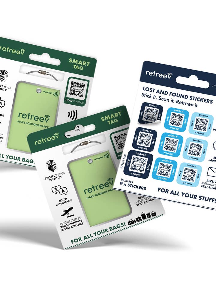 Green Combo - 2 x Green Originals Retreev Smart Tags & 9 x Smart Stickers for wholesale by Retreev Limited