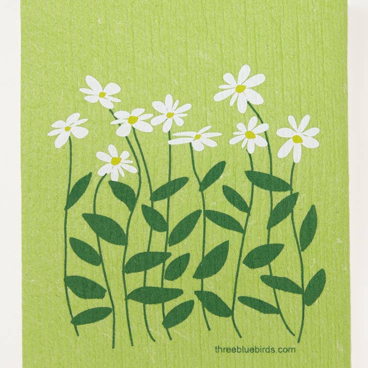 Three Bluebirds Swedish Dishcloths - Wholesale Dishcloth - Daisies on Green Swedish Dishcloth