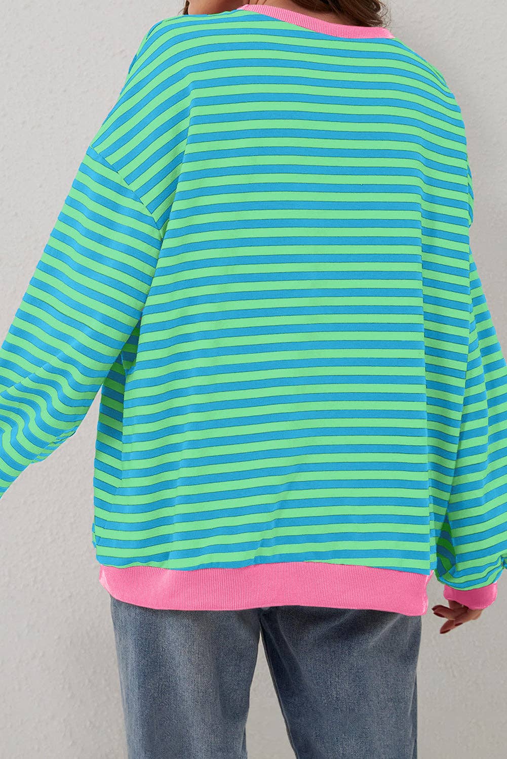 Amaryllis Apparel - Wholesale Sweatshirt - Women's - Stripe Oversized Contrast Trim Pullover Sweatshirt4
