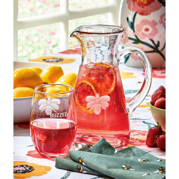 tag - Wholesale Pitcher - Etched Glass Bumble Bee Clear Glass Pitcher, 32 oz.