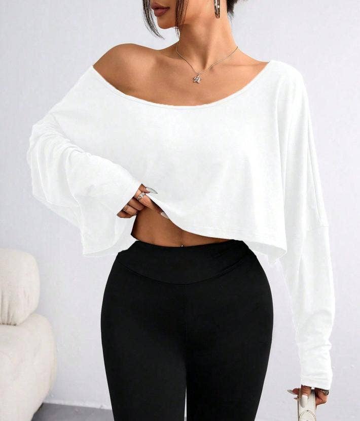 HIDDENBRAND - Wholesale T-Shirt - Women's - One-shoulder Y2K top loose long-sleeves T-shirt8