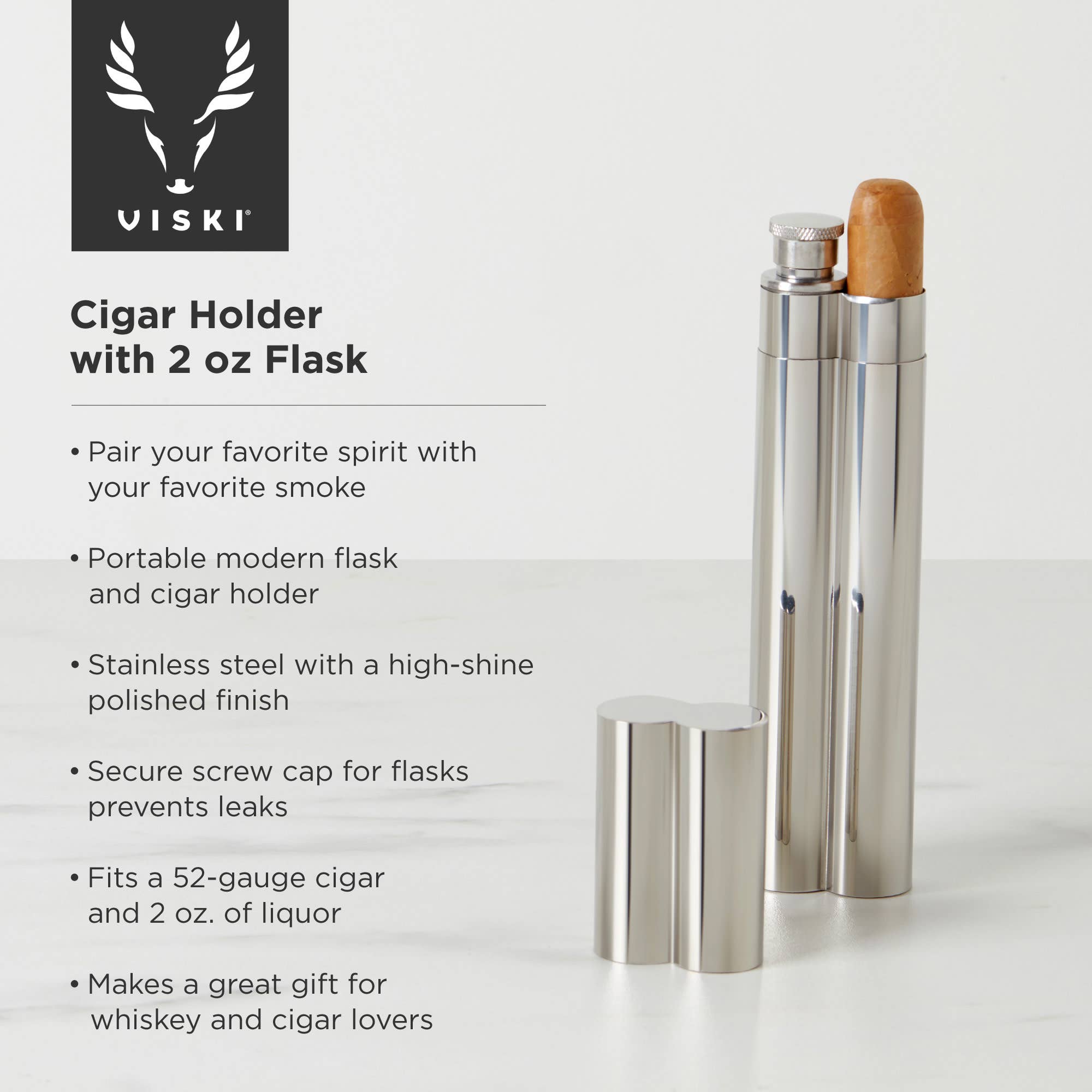 Viski - Wholesale Flask - Stainless Steel Cigar Holder and Flask Combo5