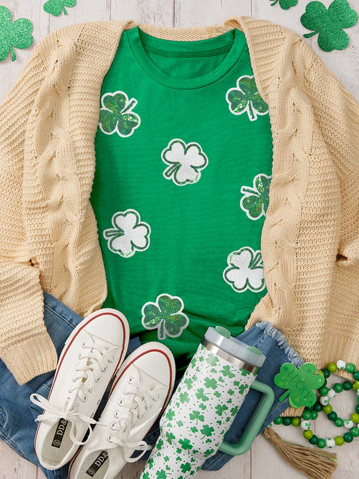 Bright Green St Patricks Sequined Clover Pattern T Shirt for wholesale on Faire1