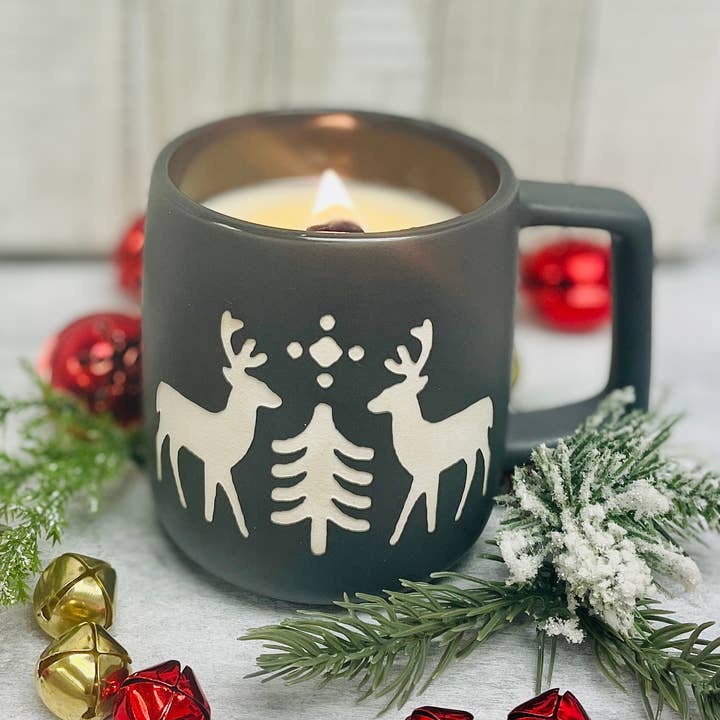 Crooked River Candle - Wholesale Jar/Filled Candle - Holiday Mug Candle-Matte Grey-Scandinavian Deer-Wood Wick