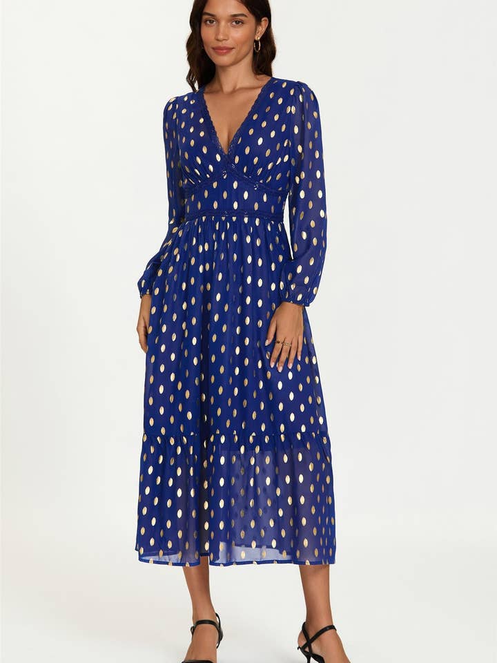 Lace Trim Foil Long Sleeve Maxi Dress In Royal Blue for wholesale on Faire4