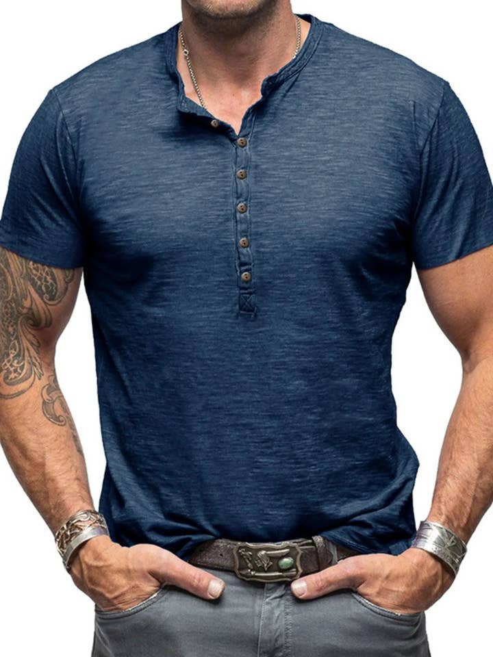 Men's Casual Henley Short Sleeve Button Top for wholesale by Blak Wardrob