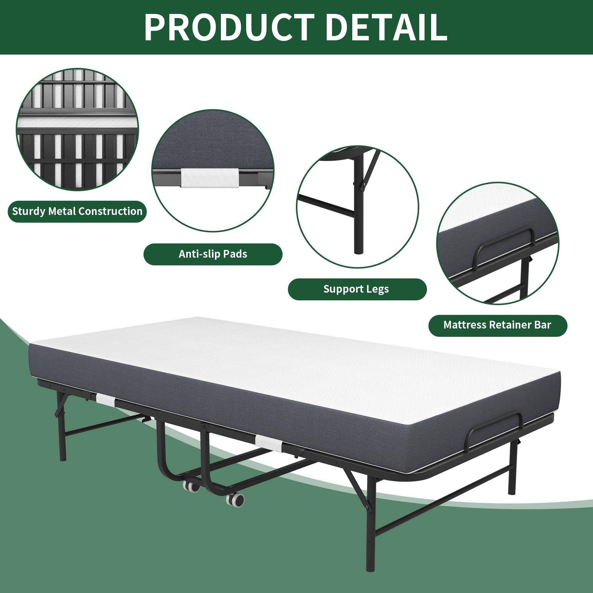 39F Inc. - Wholesale Bed - Twin Folding Bed:Memory Foam Mattress+Sturdy Metal Frame11