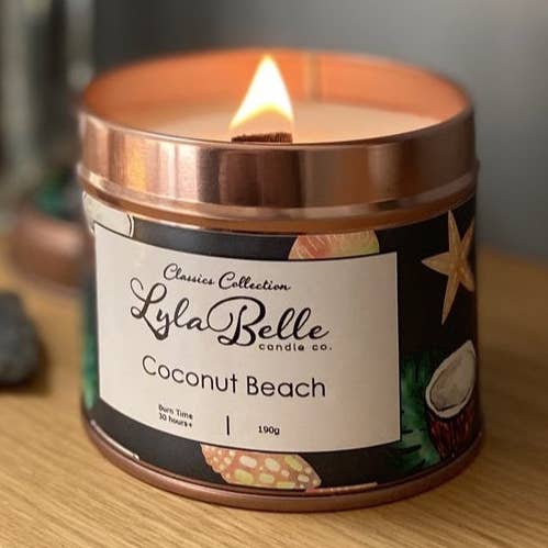Coconut Beach Tin Candle for wholesale by Lyla Belle Candle Co.