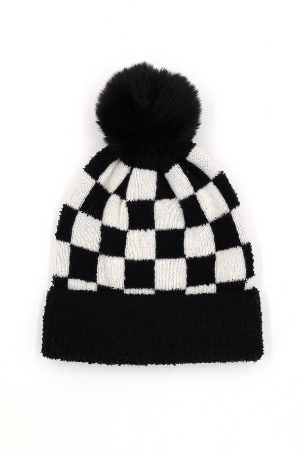 anbfashion - Wholesale Beanie - Women's - Check Blocked Pompom Beanie MH01383