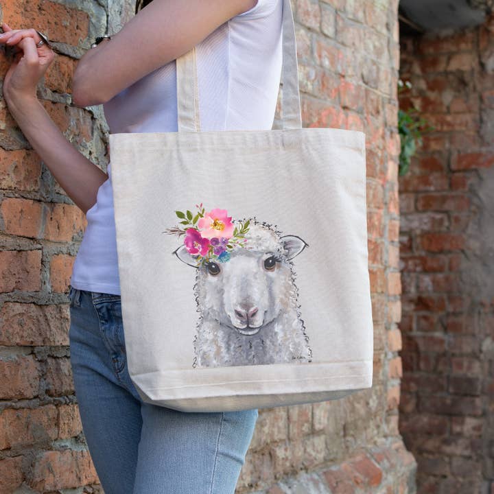 Hippie Hound Studios - Wholesale Tote Bag - Women's - Bright Blooms Sheep Tote, Cute Farm Tote Bag1