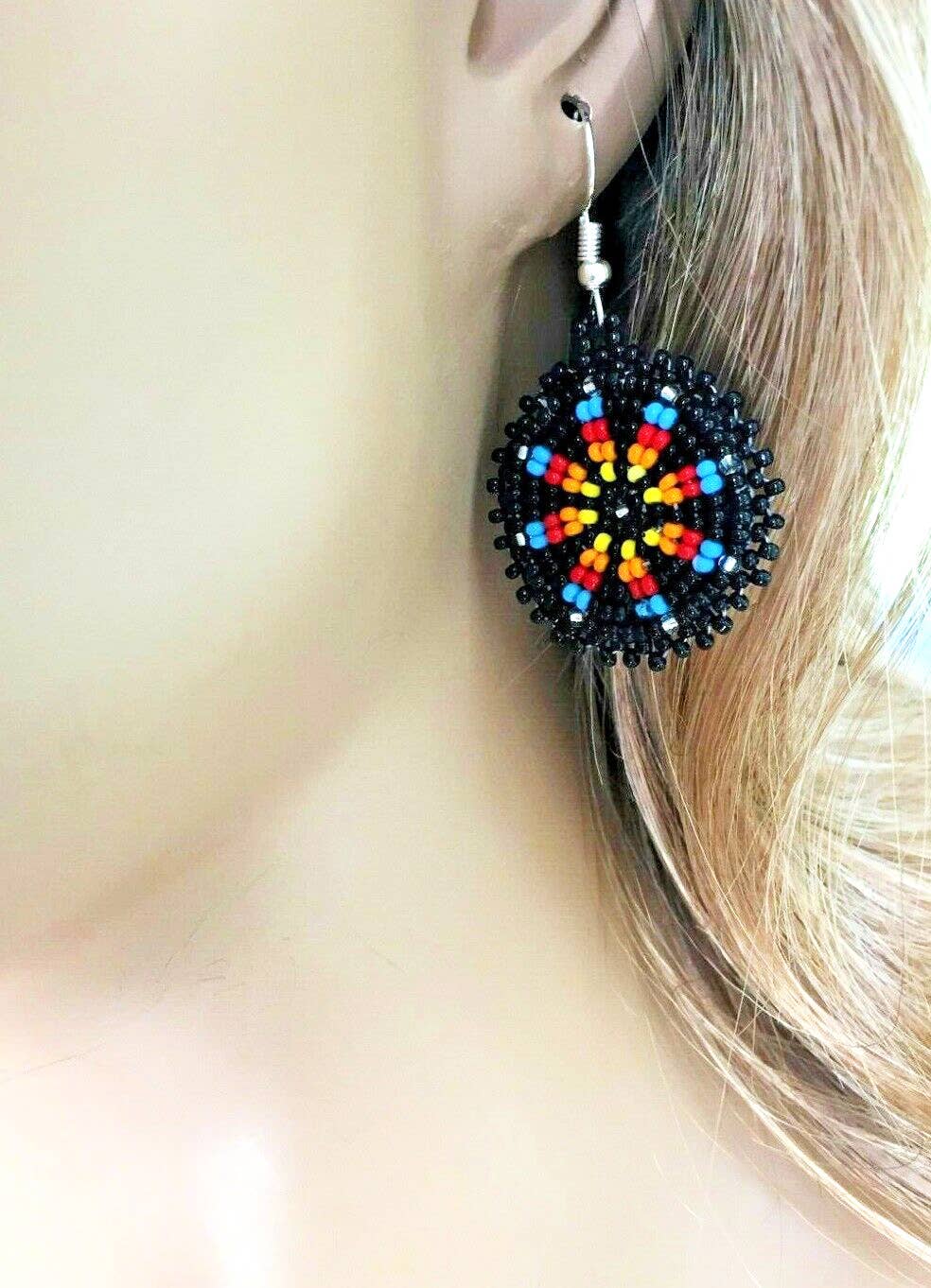 BEADS CORNER - Wholesale Dangle Earrings - Handmade Beaded Round Black Earrings with Flower Design | Lightweight and Comfortable2