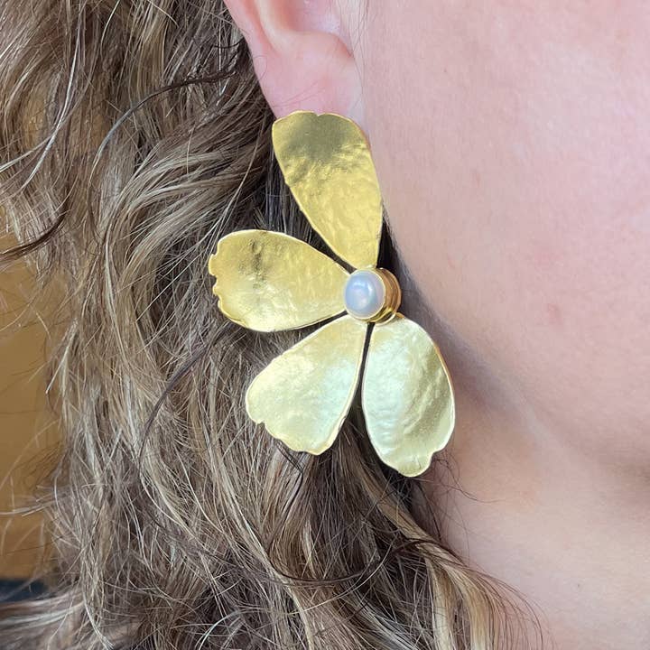 AJS Design Studio - Wholesale Dangle Earrings - Gold plated brass large flower earrings with pearl