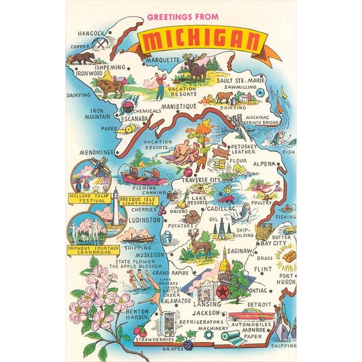 Found Image Press - Wholesale Postcard - Postcard MI-637 Greetings from Michigan, Map