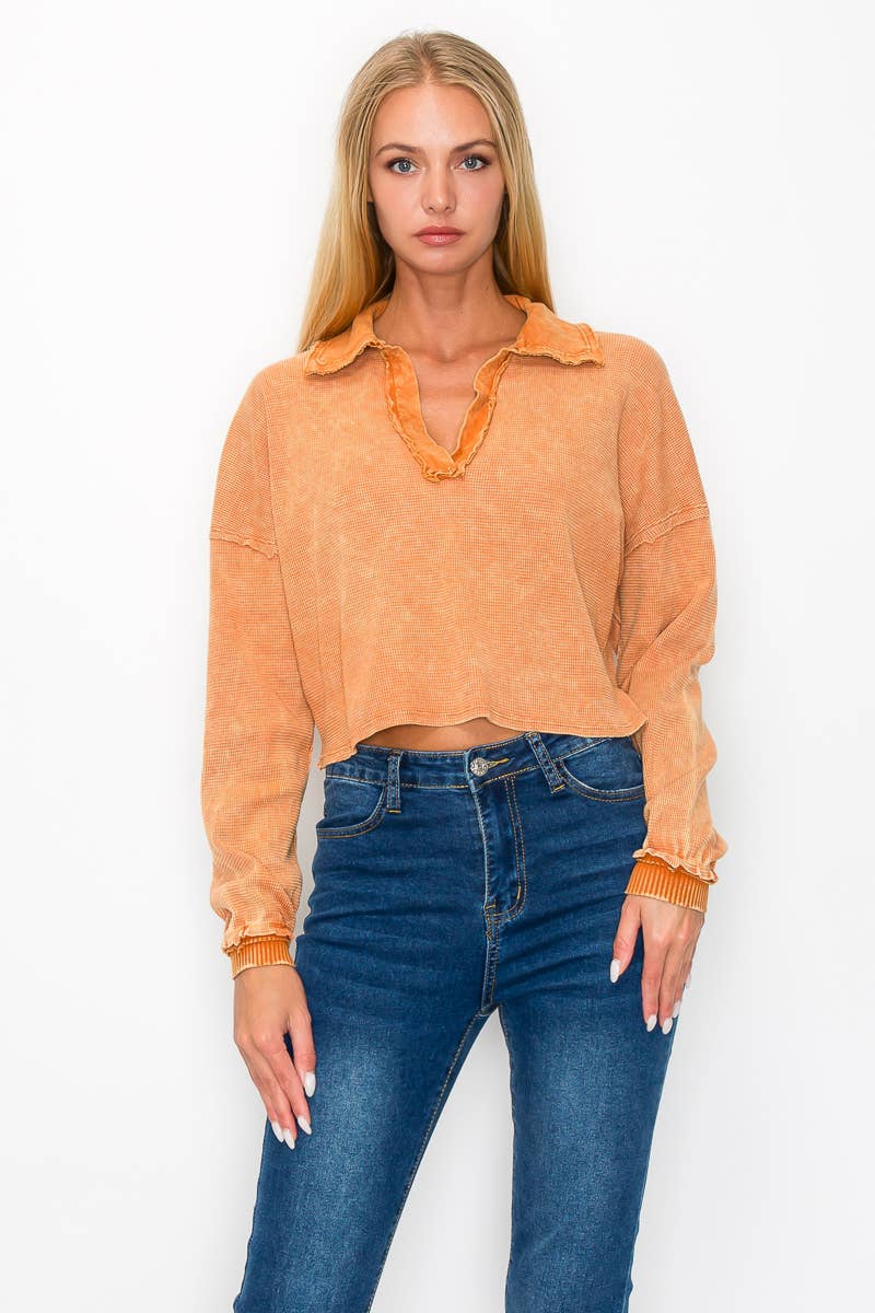 J.Her - Wholesale Knit Top - Women's - Mineral Wash Thermal V neck collar croptop GD4116T0