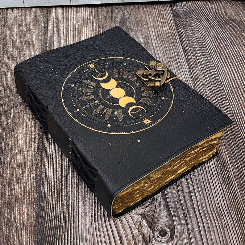 Jay mataji Handicrafts - Wholesale Dagboek/agenda - Grimoire notitieboek met maanfaseprint, zwart leren journal2