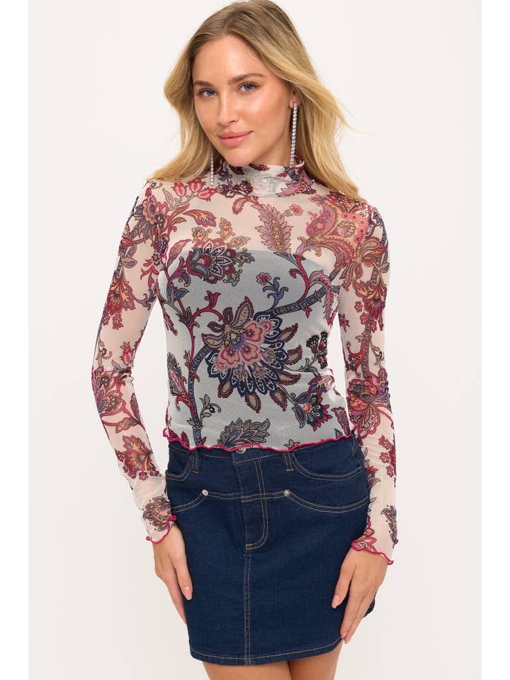 YNEZ - Wholesale Blouse - Women's - Paisley Print Long Sleeve Turtleneck Sheer Going Out Top8
