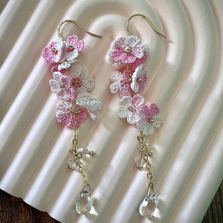 Seven Myosotis Bloom Micro crochet Danglers Earrings for wholesale by Momo & Loloc Crochet