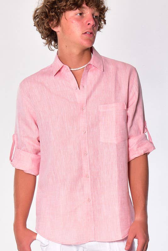 Azucar & Bohio - Vente Chemise à col boutonné – homme - Chemise en lin 100 % à manches longues retroussables, douce au toucher15