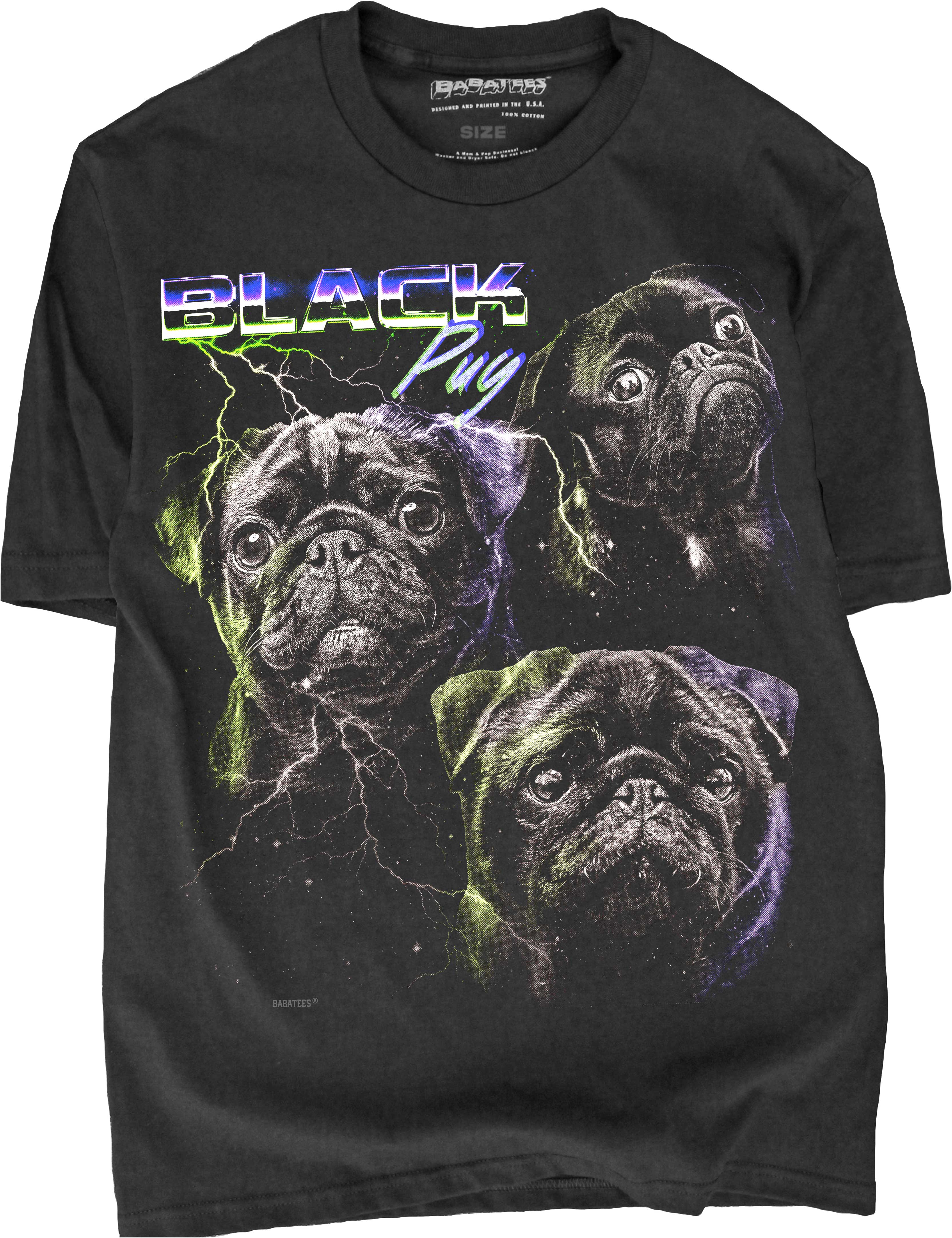 BabaTees - Wholesale Screen Printed T-Shirt - Unisex - Synthwave Black Pug Tshirt for Men & Women1