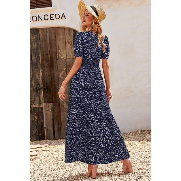 Supreme Fashion - Wholesale Dress - Women's - Allover Print Puff Sleeve Ruched Shirred Dress