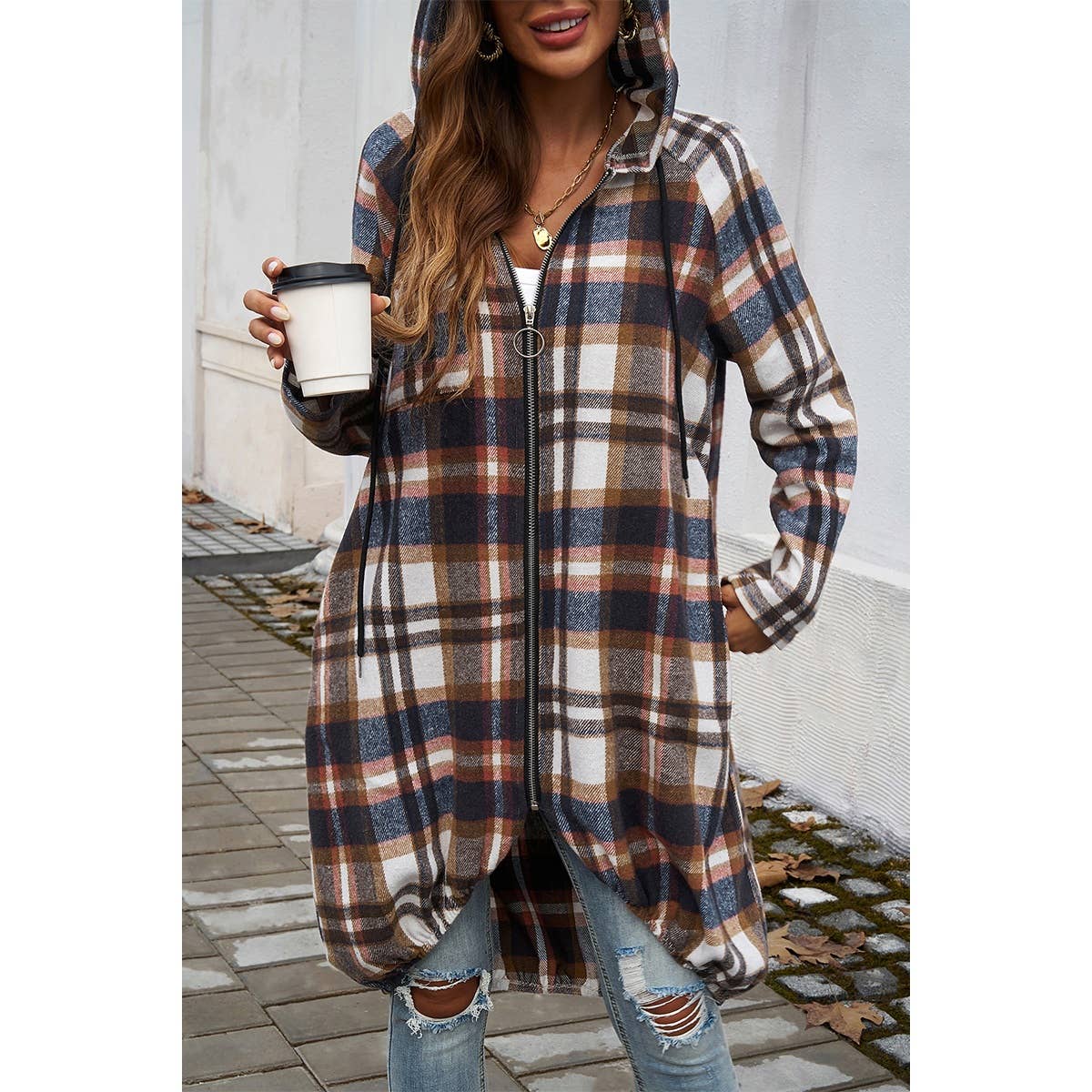 Supreme Fashion - Wholesale Coat - Women's - Plaid Zip Up Pockets Long Hooded Coat10