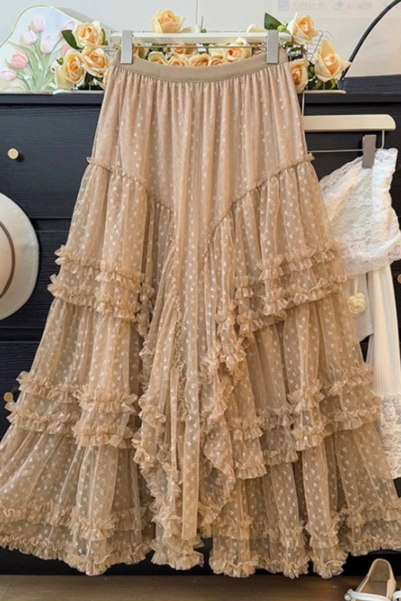 NINEXIS - Wholesale Skirt - Women's - CWBLS00714_2025 FLORAL MESH RUFFLE IRREGULAR MAXI SKIRT4