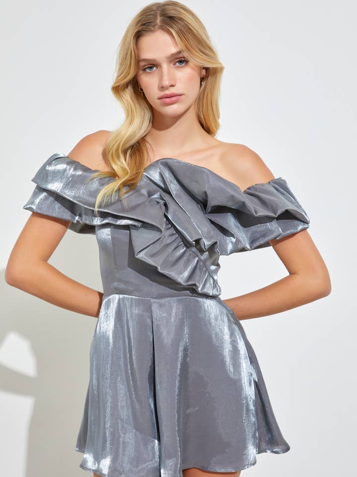 RUFFLE OFF SHOULDER ROMPER for wholesale by Mustard Seed