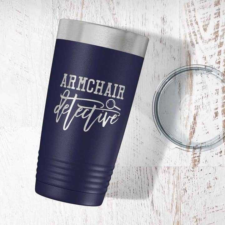 Armchair Detective Engraved Tumbler for wholesale by Maddie and Co