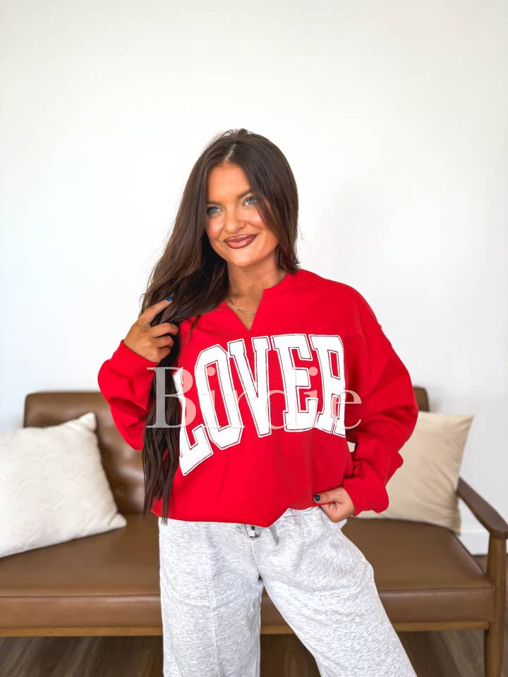 Lover Vinyl Split Neck Graphic Crewneck on Red for wholesale by birdie