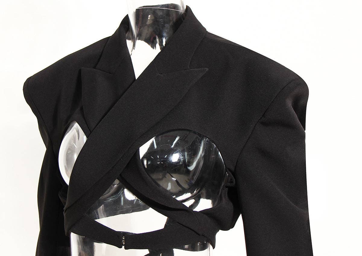 Svart M10 Texturerad Svart Kavaj med Öppen Rygg och Midjeband för wholesale på Faire3