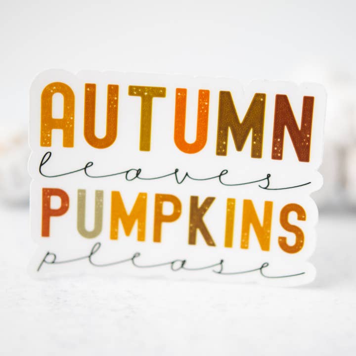 Herfst bladeren pompoen Please Clear, Vinyl Sticker, 3x3 in. voor wholesale door Savannah and James Co
