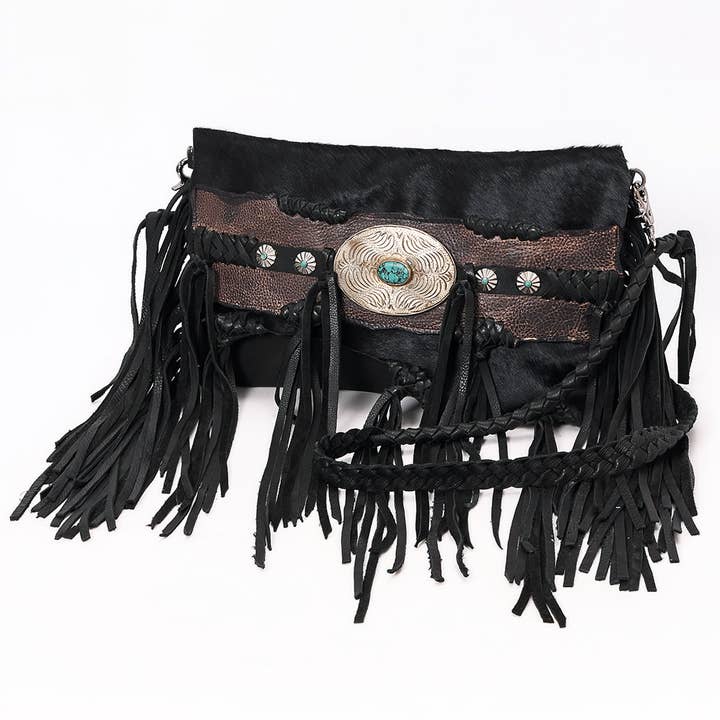 ADBGM550 Black Hair-On Leather Fringe Clutch - Western Crossbody with Turquoise Concho & Braided Trim for wholesale by LS Western