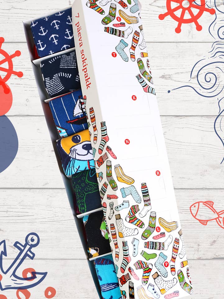 SEAMAN gaveæske med 7 par sokker til hver ugedag for engroshandel hos Sokisahtel I BestSockDrawer