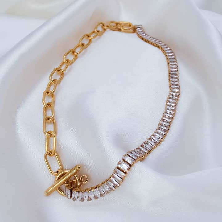 'Sophia' Gold Half and Half T-Bar Sparkle Necklace for wholesale by Luluh Lane