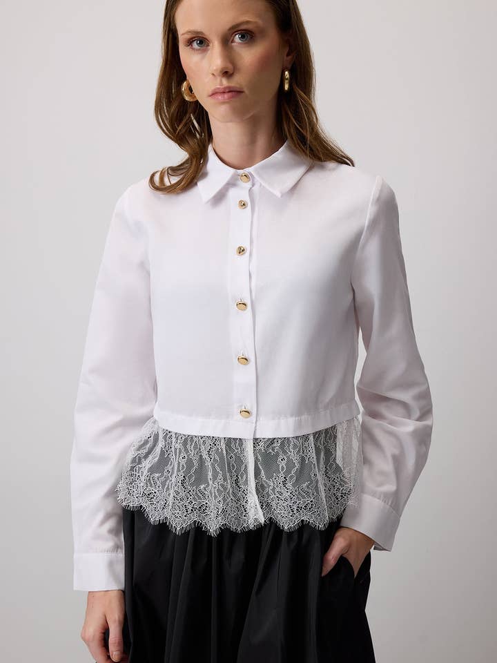 Lace Hem Crop Shirt – Elegant Cotton Blend Button-Down for wholesale by Touché Privé