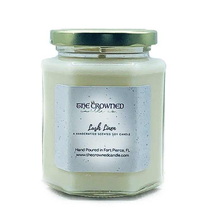 Lush Linen Soy Candle for wholesale by The Crowned Candle Company