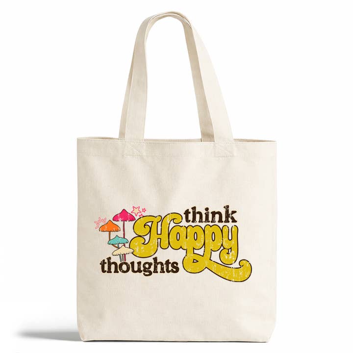 Think Happy Thoughts Canvas Tote, Retro Mushroom Gifts for wholesale by Loftipop