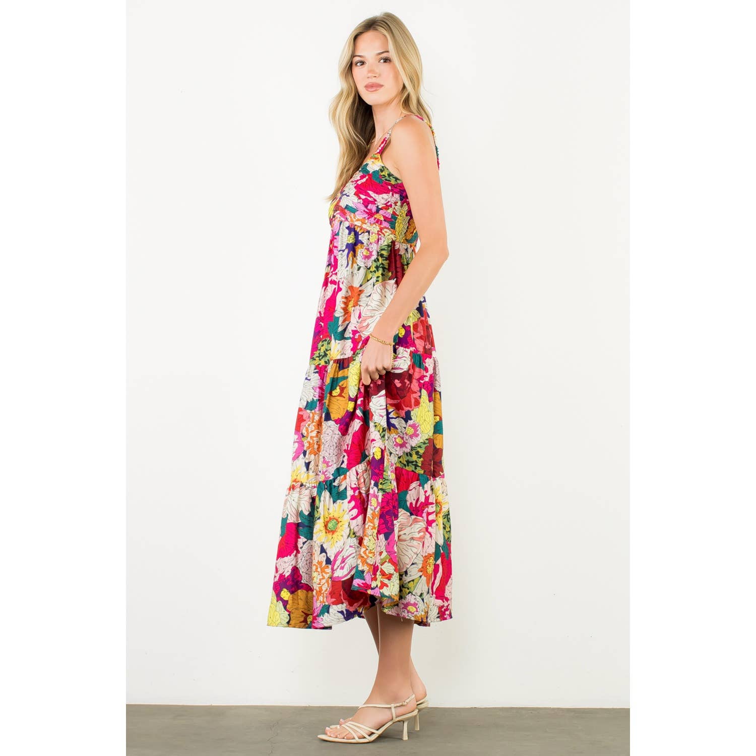 FUSCHIA Floral Strap Tiered Maxi Dress for wholesale on Faire5