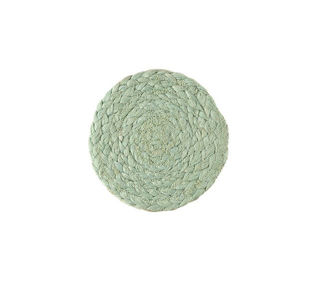 British Colour Standard North America - Wholesale Coasters - BRITISH COLOUR STANDARD - Silky Jute Coasters in Eau-de-Nil, Tied Set of 4, 4.7'' D5